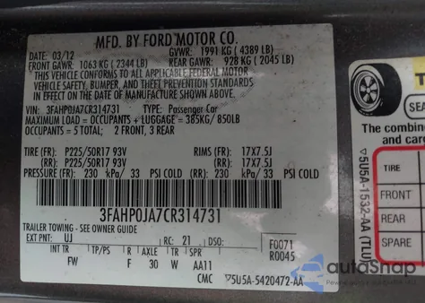 2012 Ford Fusion Sel z USA, uszkodzony, nr VIN 3FAHP0JA7CR314731